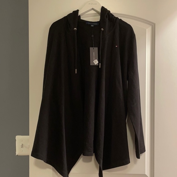 Tommy Hilfiger xl black hoodie open jacket with red stripes NWT - Picture 1 of 6